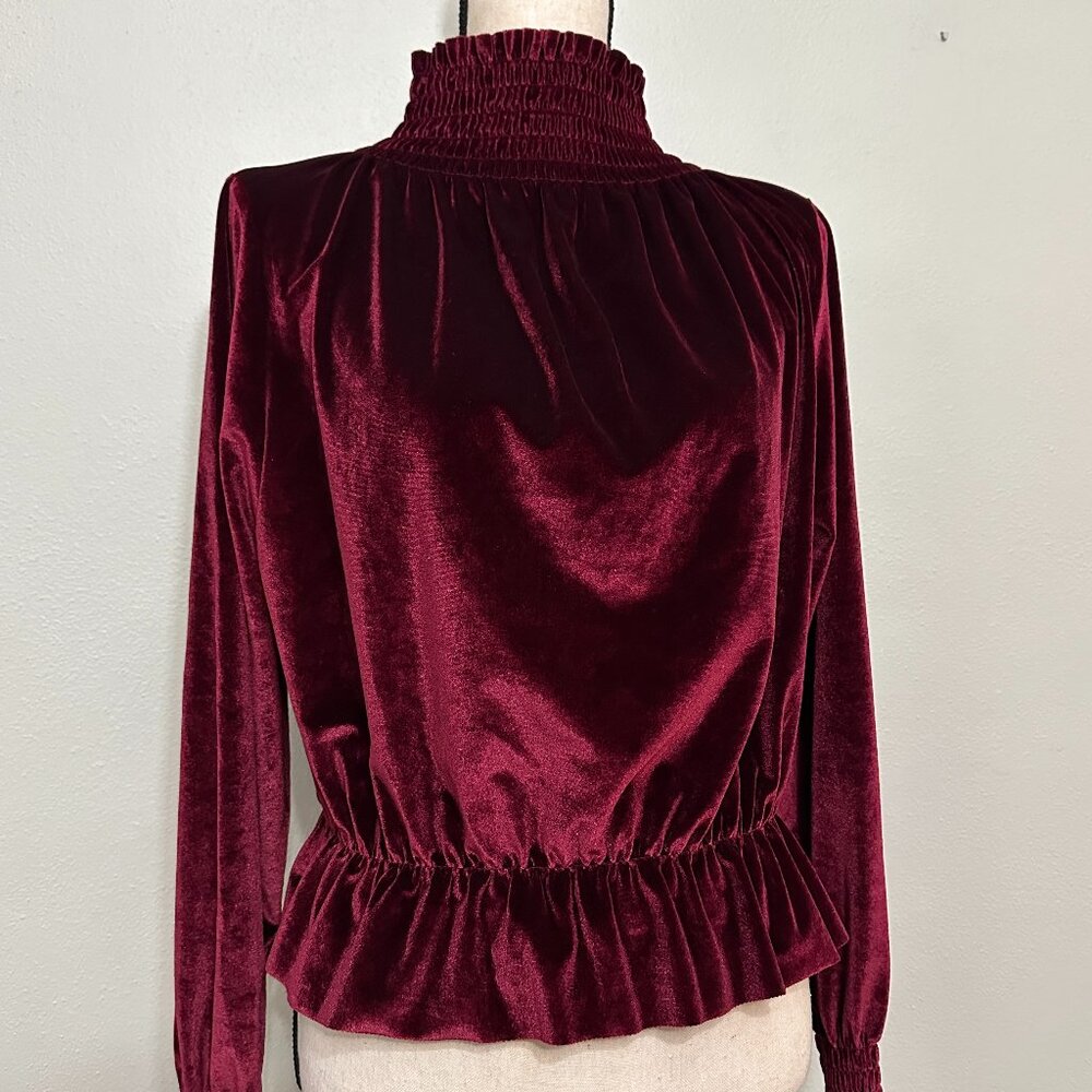 EUC | Wine-Burgundy Velvet Smocked Mock Neck Blouse | Vintage-Inspired Drama